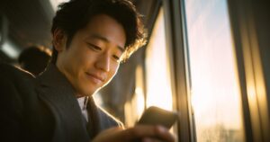 通勤電車でスマホアプリで英語学習する男性